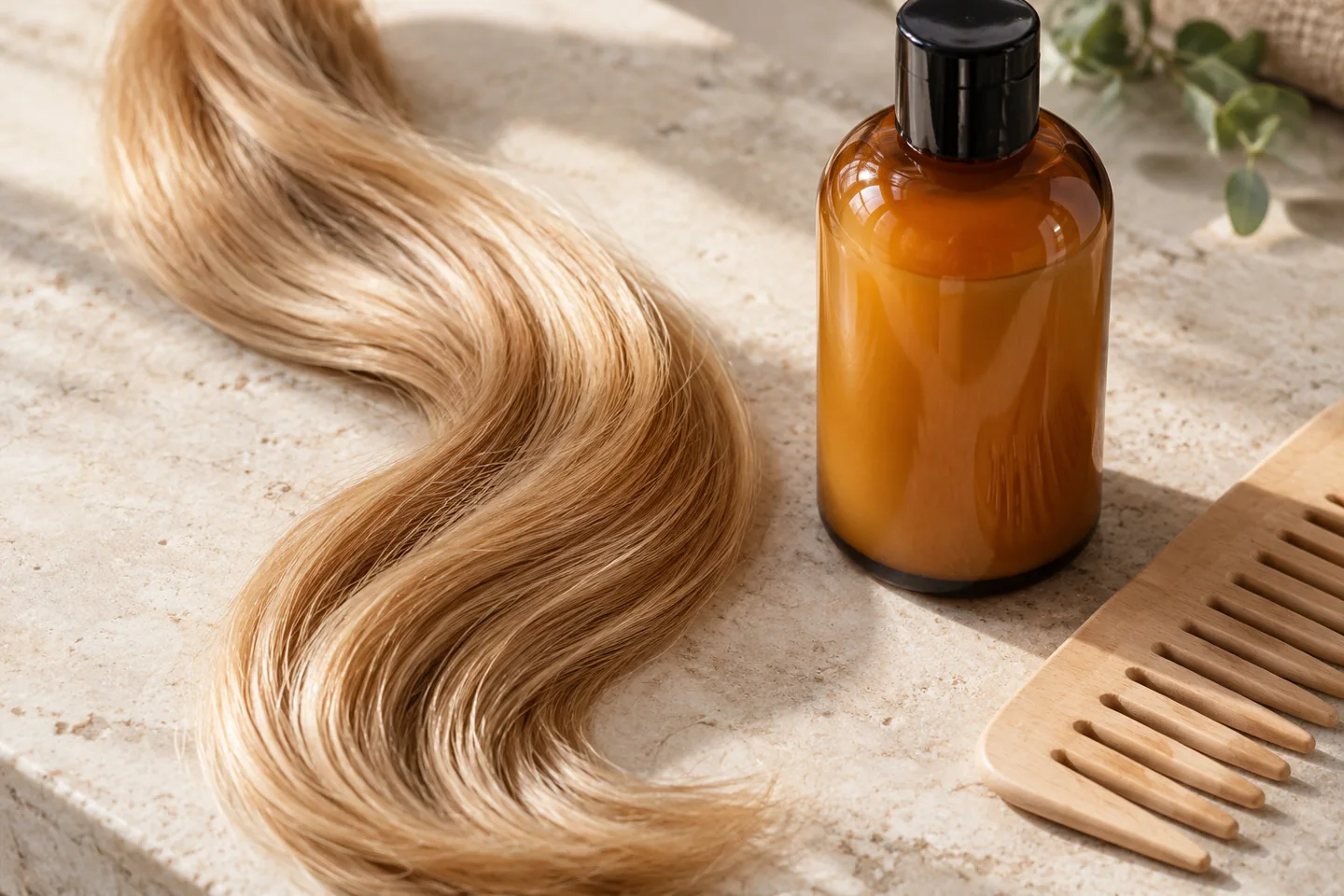 Editorial illustration of a coloured hair sample and hair-care tools