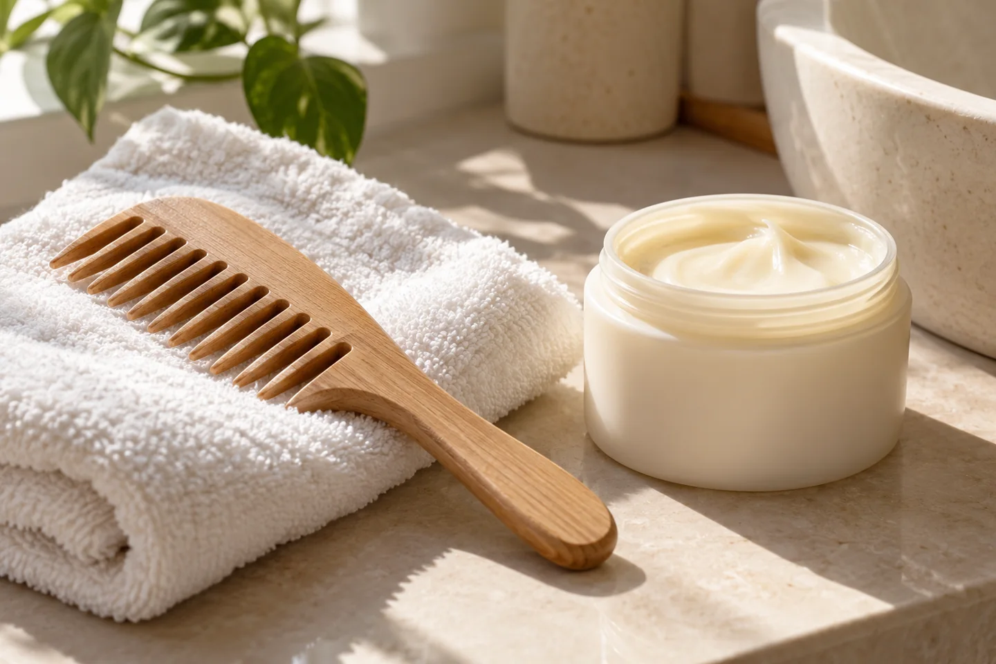 Editorial illustration of a comb, towel and conditioner for hair aftercare