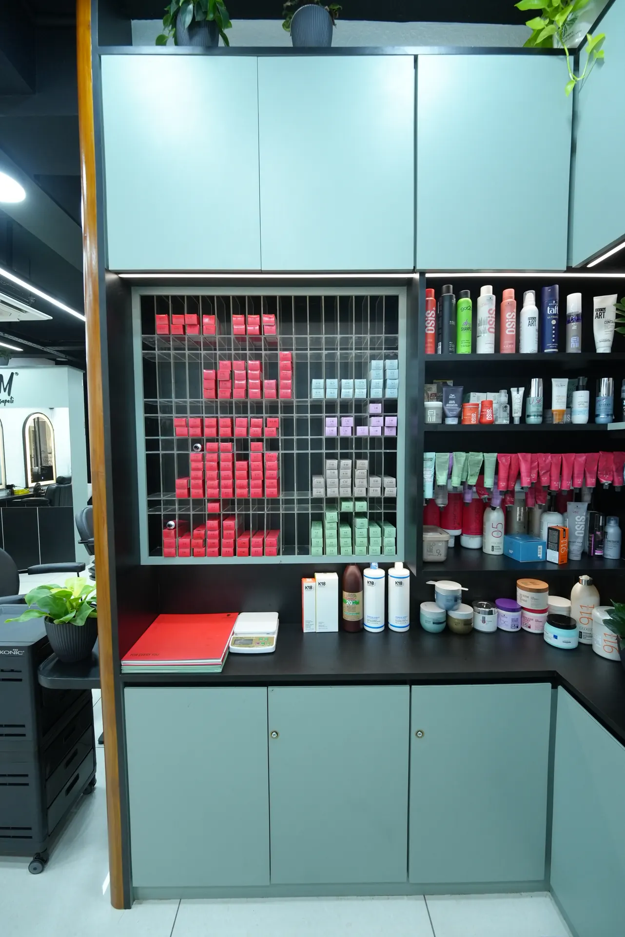 Retail product shelves used for colour care at RAM KALASAPATI